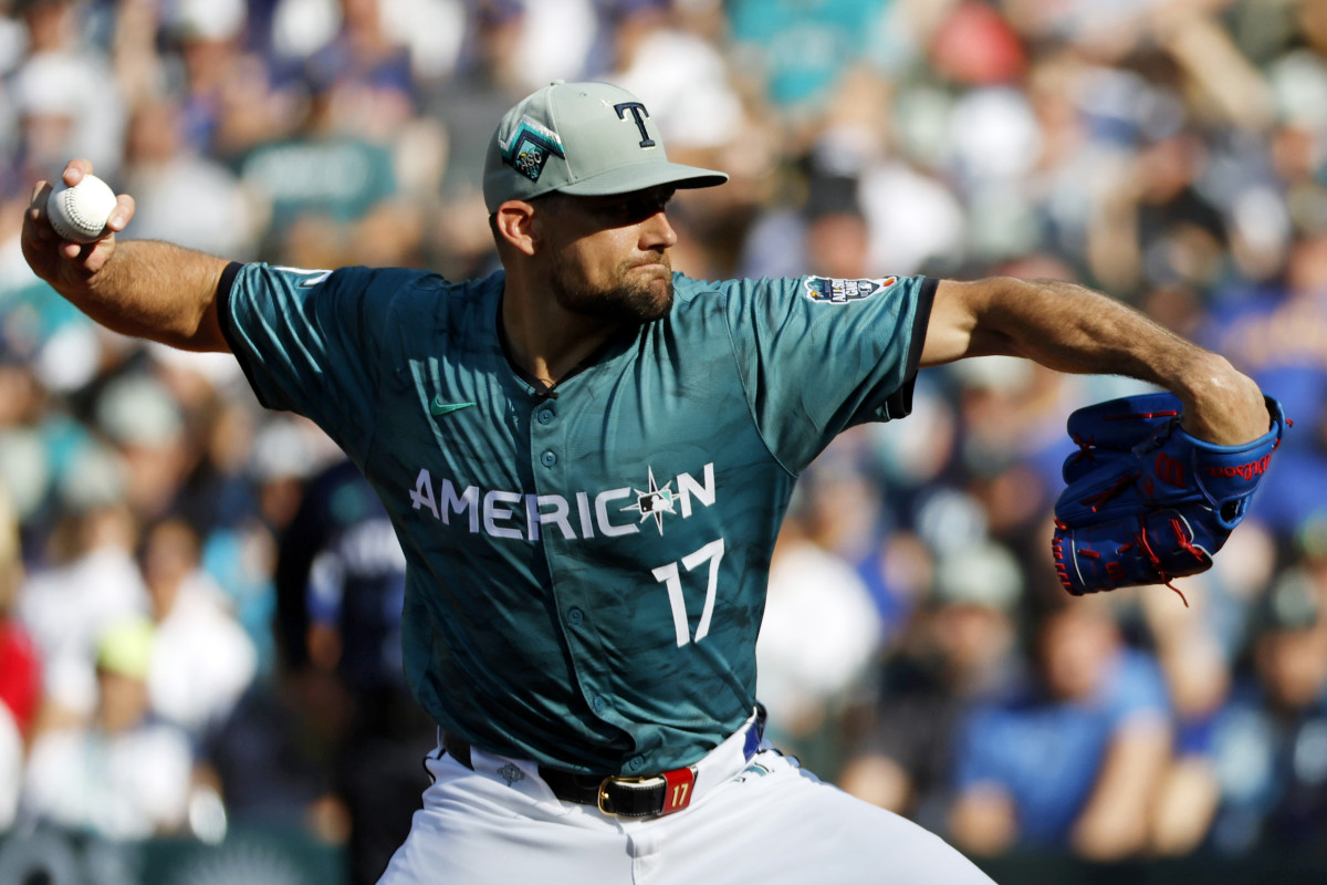 Jul 11, 2023; Seattle, Washington, USA; American League pitcher Nathan Eovaldi of the Texas Rangers (17) pitches against the National League during the second inning of the 2023 MLB All Star Game at T-Mobile Park. Mandatory Credit: Joe Nicholson-USA TODAY Sports